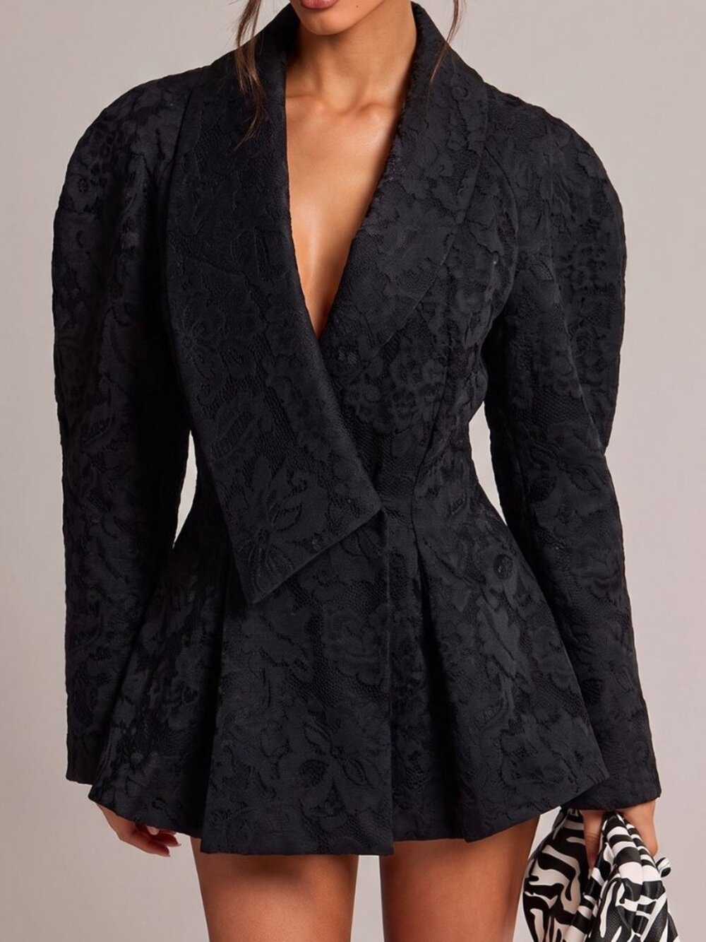 Black Preppy Women's Shawl Collar Jacquard Exaggerated Shoulder Fitted Blazer